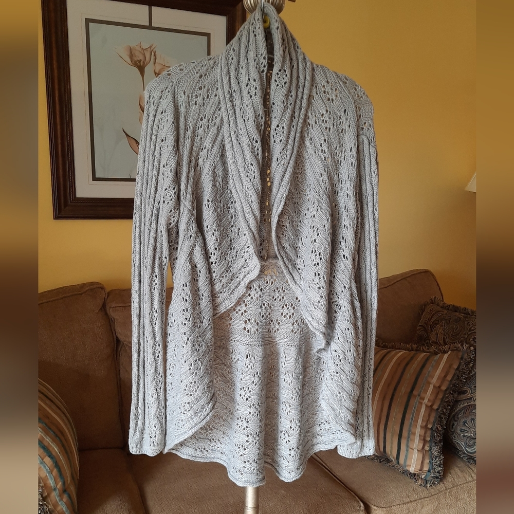 Women's Fashion Bug Gray Waterfall Pointelle Cardigan